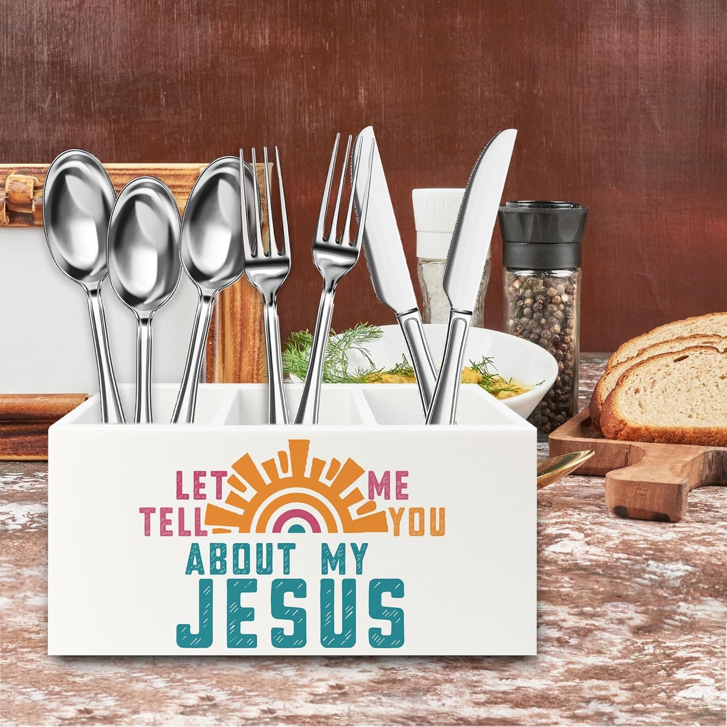 Boho Jesus Christian Pen Pencil Holder Organizer for Desk, Let Me Tell You about My Jesus Bible Verse Wooden Box Signs Decorations for Home Office Desk Tabletop