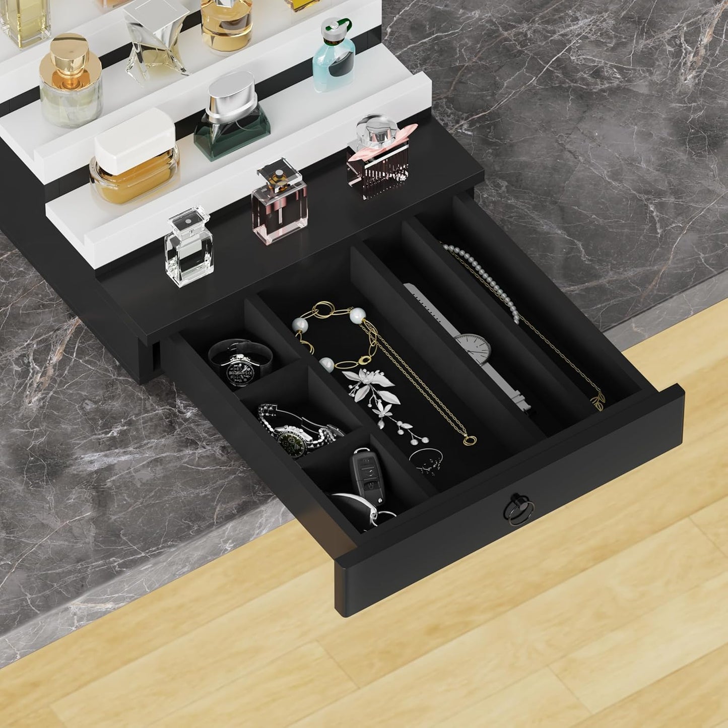 Blisse Cologne/Perfume Organizer, 4-Tier Storage Drawer with Hidden Compartments, Soft-Lined Display Case (Black with White)