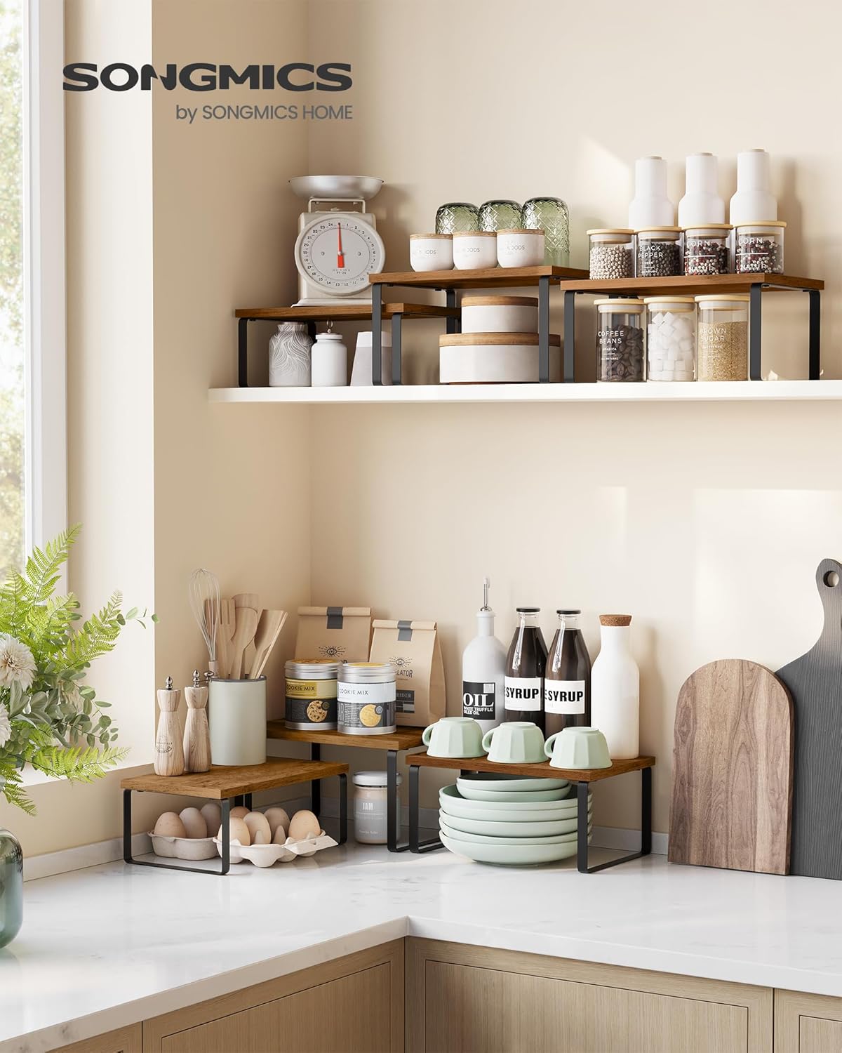 SONGMICS Cabinet Organizer Shelf, Set of 3 Kitchen Counter Shelves, Kitchen Storage, Spice Rack, Stackable, Expandable, Rustic Brown and Matte Black UKCS220K02