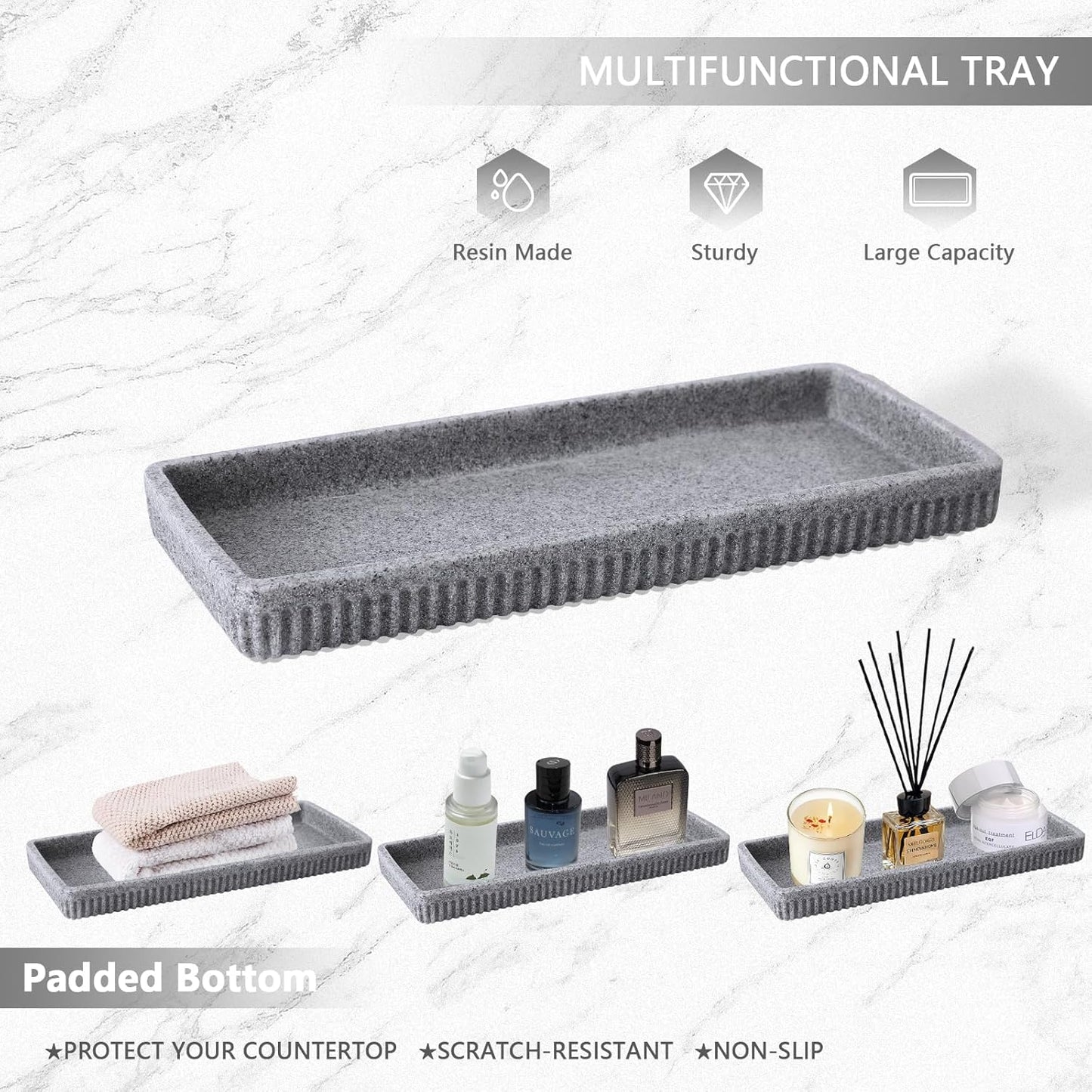 Resin Grey Bathroom Accessories Set 5 Pcs, Lotion Soap Dispenser, Toothbrush Holder, Bathroom Tumbler, Qtip Holder and Vanity Tray, Bathroom Countertop Organizer Set for Modern Home Apartment