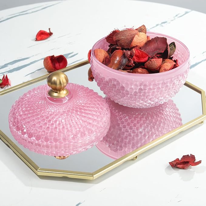Joeyan 12 oz Small Pink Glass Jewelry Box Jars with Lid,Embossed Glass Candy Dishes,Diamond Faceted Food Container,Decorative Apothecary Canisters,Colored Kitchen Bathroom Buffet Storage Organizer