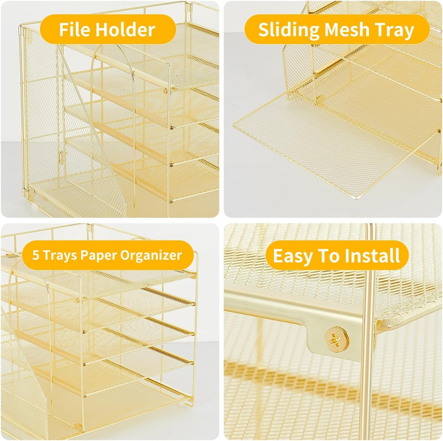 Desk Organizers and Accessories, 5-Tier Paper Letter Tray Organizer with File Holder, Desktop Organizer for Office Supplies (Gold)