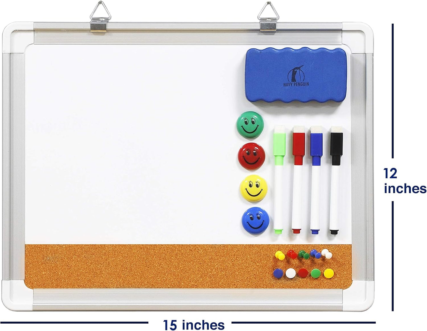 White Board Cork Board Combo - 15x12 in Dry Erase Board with Cork and 1 Magnetic Eraser, 4 Dry Wipe Markers, 4 Magnets and 10 Pins - Wall Hanging Whiteboard with Corkboard for Home and Office (15x12)