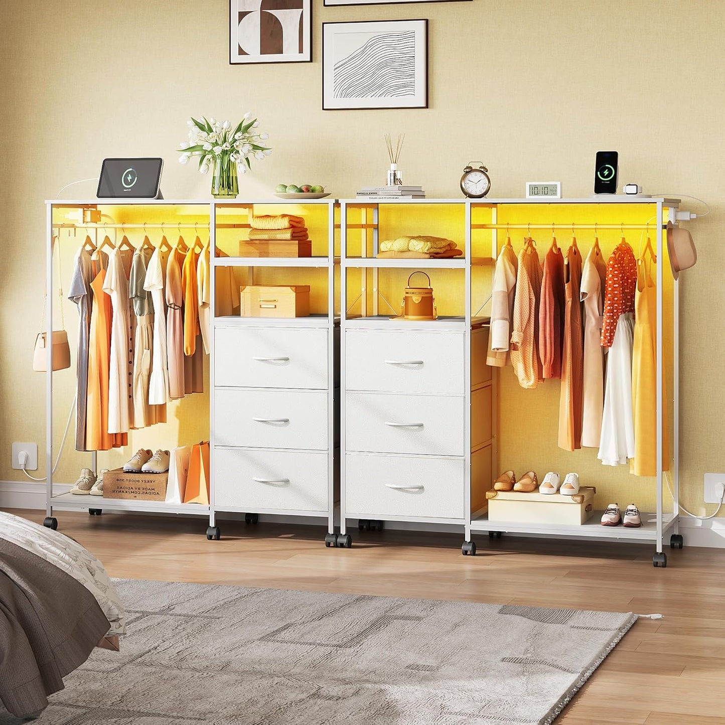 WLIVE 42''W White Dresser for Bedroom with Hanging Rack, 3 Drawer Dresser with LED Lights & Charging Station, Fabric Dressers & Chest of Drawers, Storage Organizer with Open Shelves for Living Room