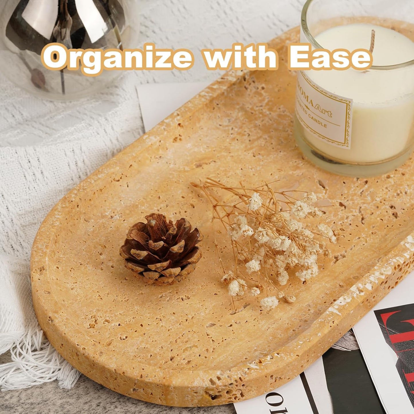 Koville Turkish Natural Travertine Decorative Marble Tray - 12"x6" Wabi Sabi Home Countertop Organizer, Catchall Tray for Perfume, Candles, Jewelry