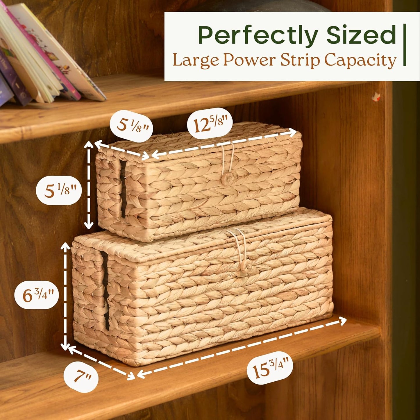 2-Pack Wicker Cable Management Box, Handmade Water Hyacinth Cable Organizer with Lid, Cord Hider Basket with 2 Slots for TV Wires, Power Strips, Surge Protector