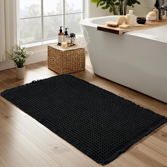 KGORGE Waffle Bathroom Rug for Shower, Ultra Soft Super Absorbent Washable Carpet Bath Mat, Quick Dry Rubber Backed Bathroom Runner Decor for Floor Toilet Bedroom, Black, 24" W X 47" L 1pc