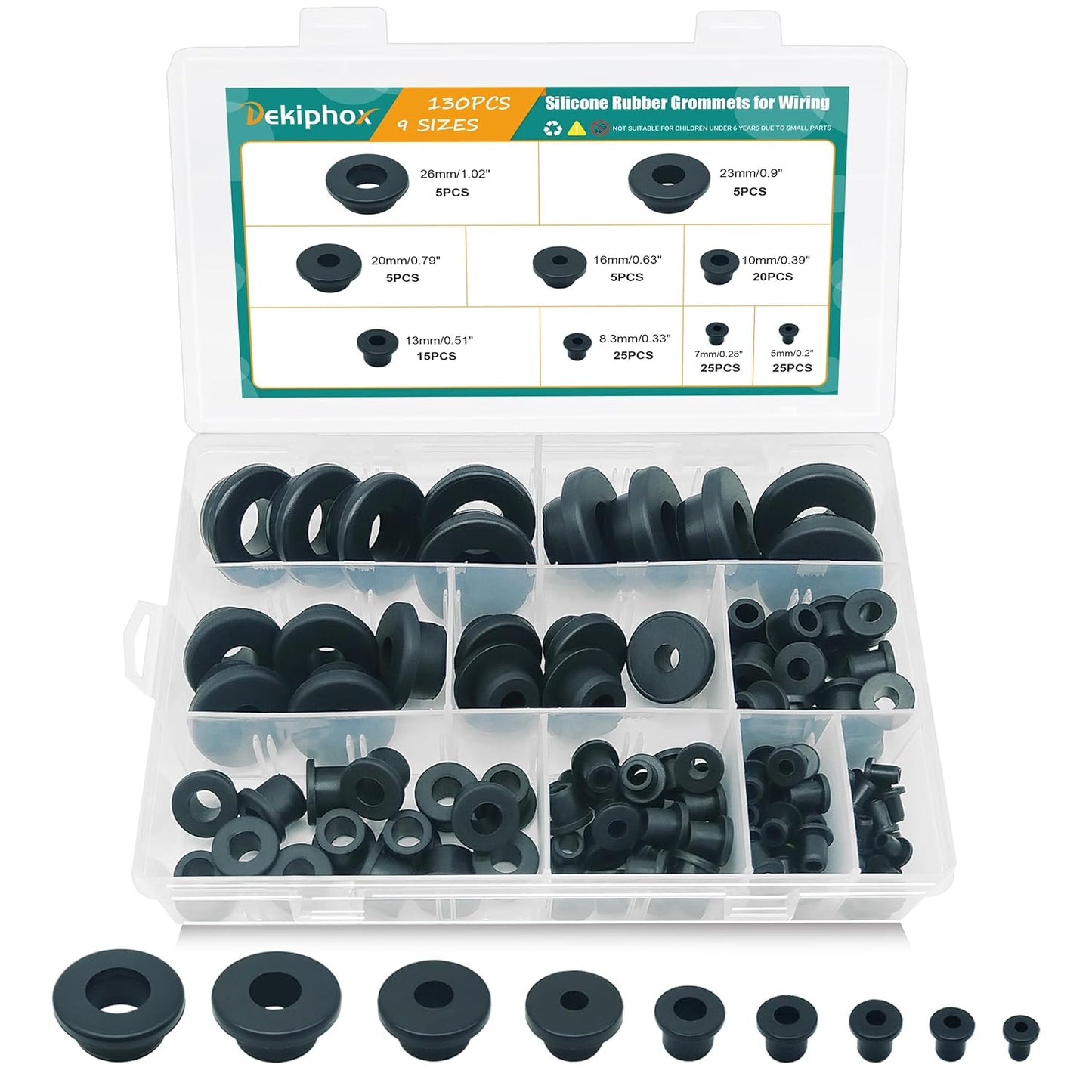 130PCS Silicone Rubber Grommets for Wiring, Black Top Hat Rubber Grommet Assortment Kit, 9 Sizes Round Hole Rubber Wire Grommets for Automotive, Vinyl Tubing in Hydroponic and Irrigation Systems