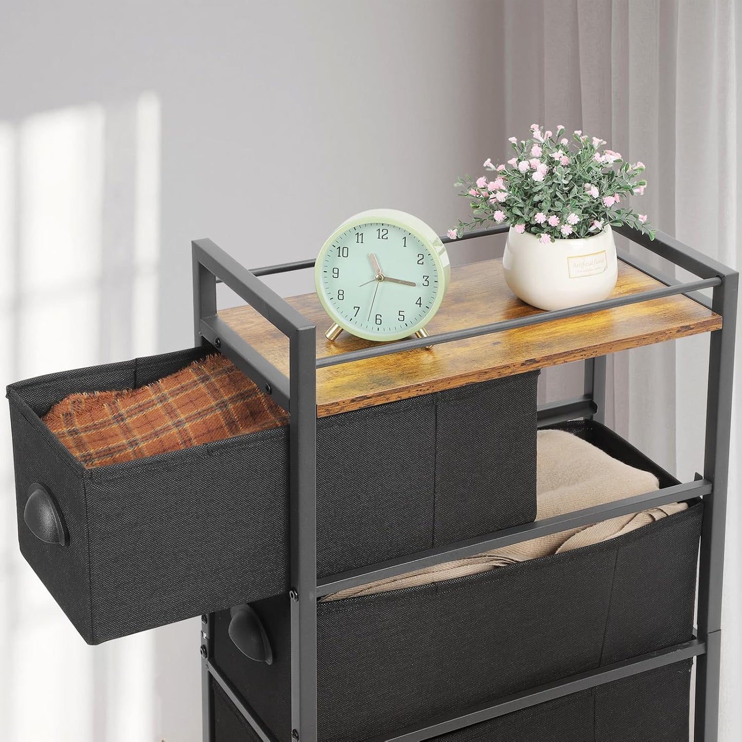 MOOACE Narrow Dresser Storage Tower with 4 Drawers, Slim Dresser Chest of Drawers, Vertical Small Fabric Dresser Standing, Wood Top Organizer for Bedroom, Bathroom & Laundry, Black/Brown