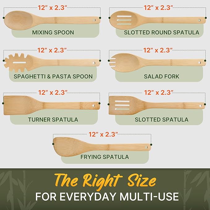 Wooden Utensil Set, Bamboo Utensils – 7 PCs Wood Spoons for Cooking, Easy to Clean, Sturdy, Lightweight & Heat Resistant