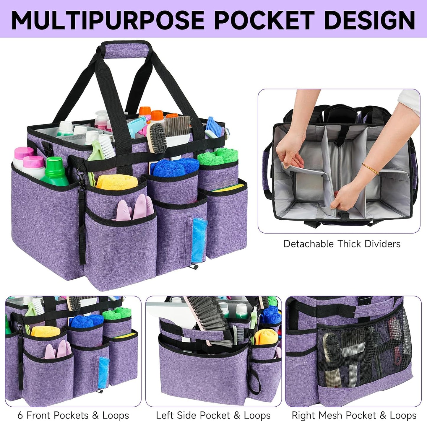 Large Rolling Cleaning Caddy Bag with Detachable Trolley,Cleaning Cart on Wheels with Shoulder Strap,Cleaning Supplies Organizer for Housekeepers,Purple