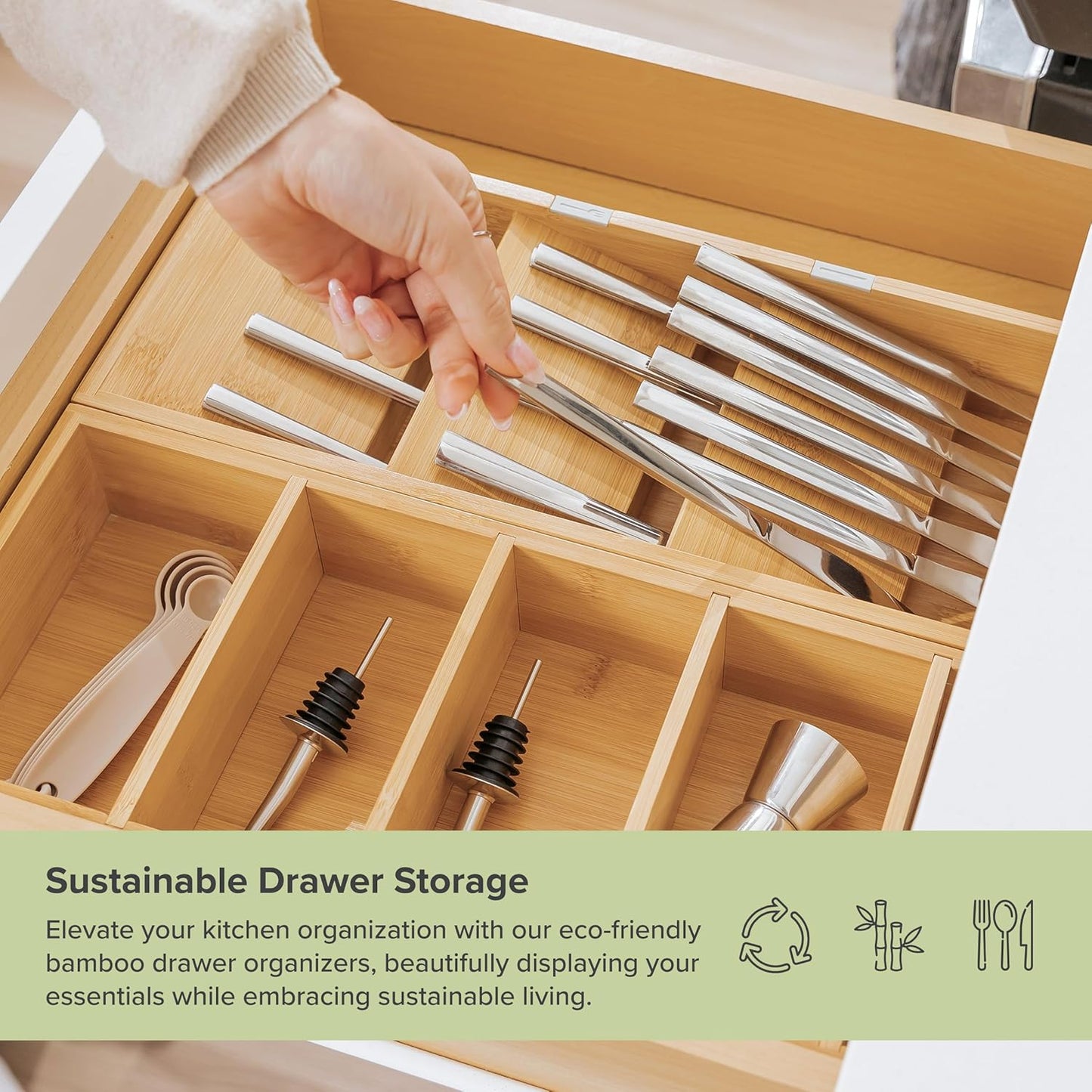 KitchenEdge Premium Silverware and Utensil Drawer Organizers – Slanted 3-Compartment and 5-Compartment Design, Labeled Slots, Non-Slip Feet, 100% Sustainable Bamboo, 2 Pack