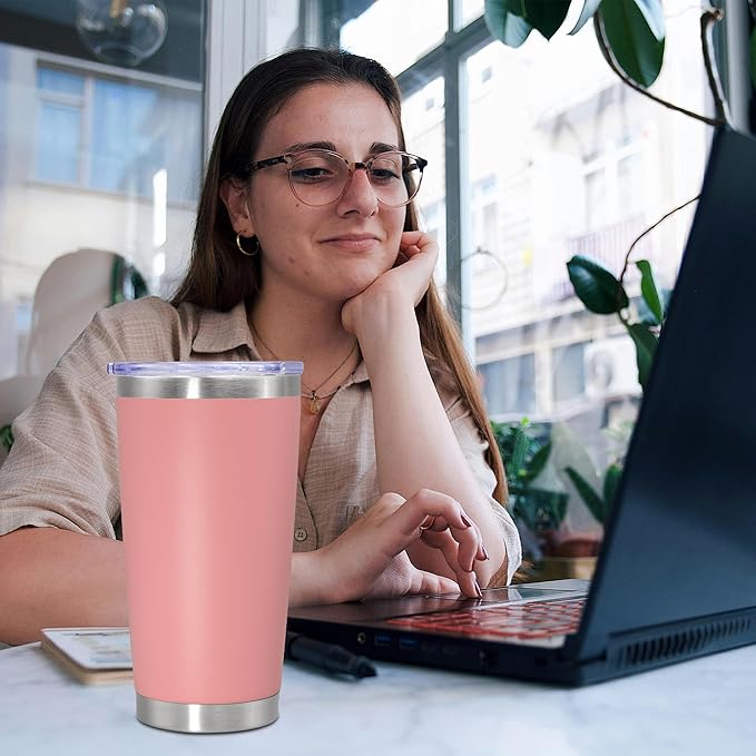 20 oz Tumbler Coffee Travel Tumblers Bulk with Lid Stainless Steel Double Wall Vacuum Insulated Mug Powder Coated Cups fit Car Cupholder for Hot and Cold - Pink, 8Pack