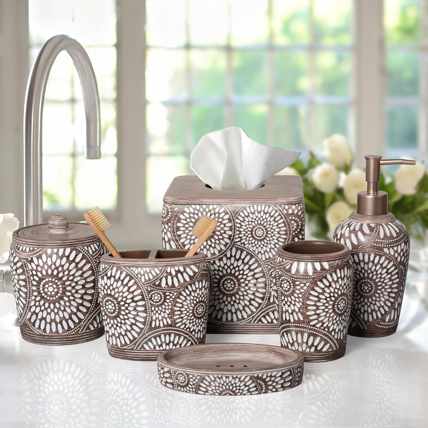 6-Piece Bathroom Accessories Set – Soap Dispenser, Toothbrush Holder, Tumbler, Soap Dish, Cotton Swab Jar & Toilet Brush – Modern Bathroom Decor Set (Ciccone)