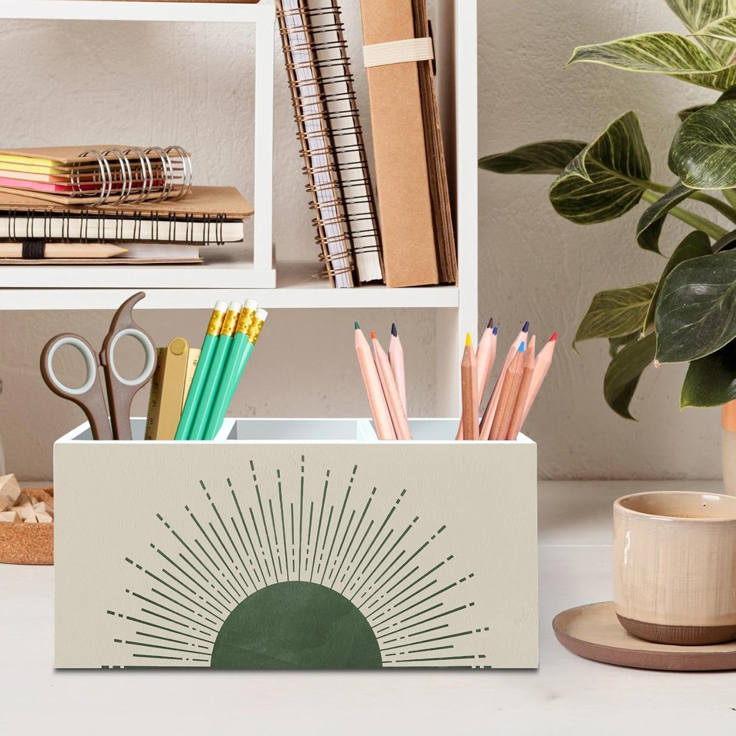 DILSJ Boho Abstract Sunshine Pen Pencil Holder Organizer for Desk, Boho Office Decor, Sage Green Mid Century Modern Minimalist Sun Sunshine Wooden Box Signs for Home Office Desk Tabletop Decoration