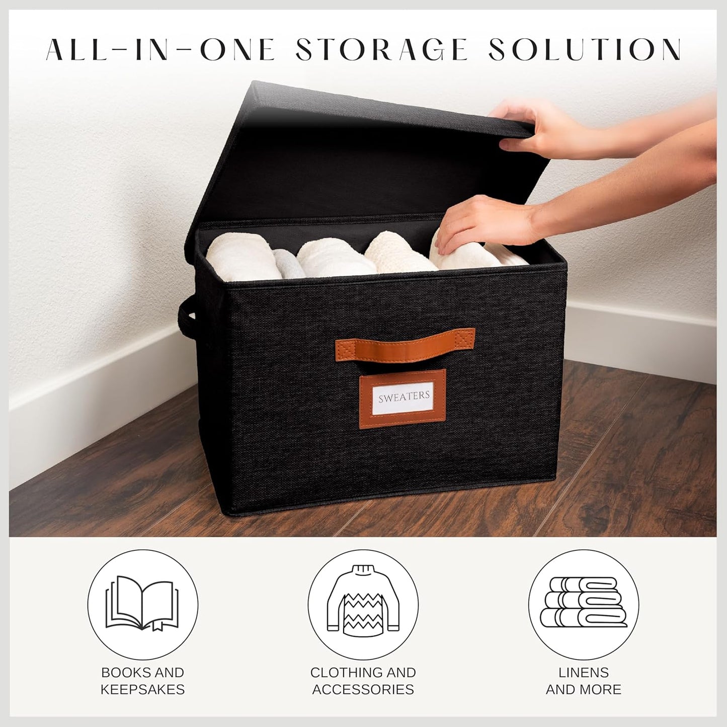 3 Pack Large Fabric Storage Box with Lid - Decorative Bin with Lid, Label Holder, Faux Handles - Large Decorative Storage Boxes with Lids for Organizing Clothes, Blankets - Black