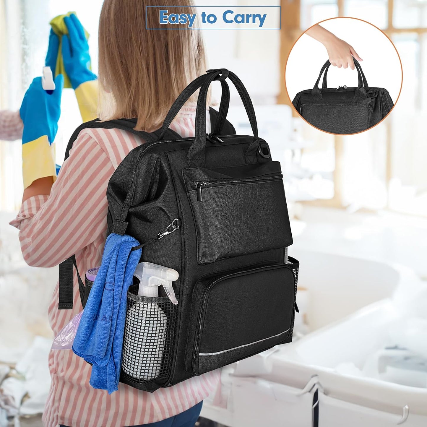 LoDrid Heavy Duty Cleaning Supplies Bag with Steel Frame Top, Large Cleaning Caddy with Adjustable Shoulder Straps and Multiple Pockets for Housekeeping Work, Black, Bag Only, Patent Designed