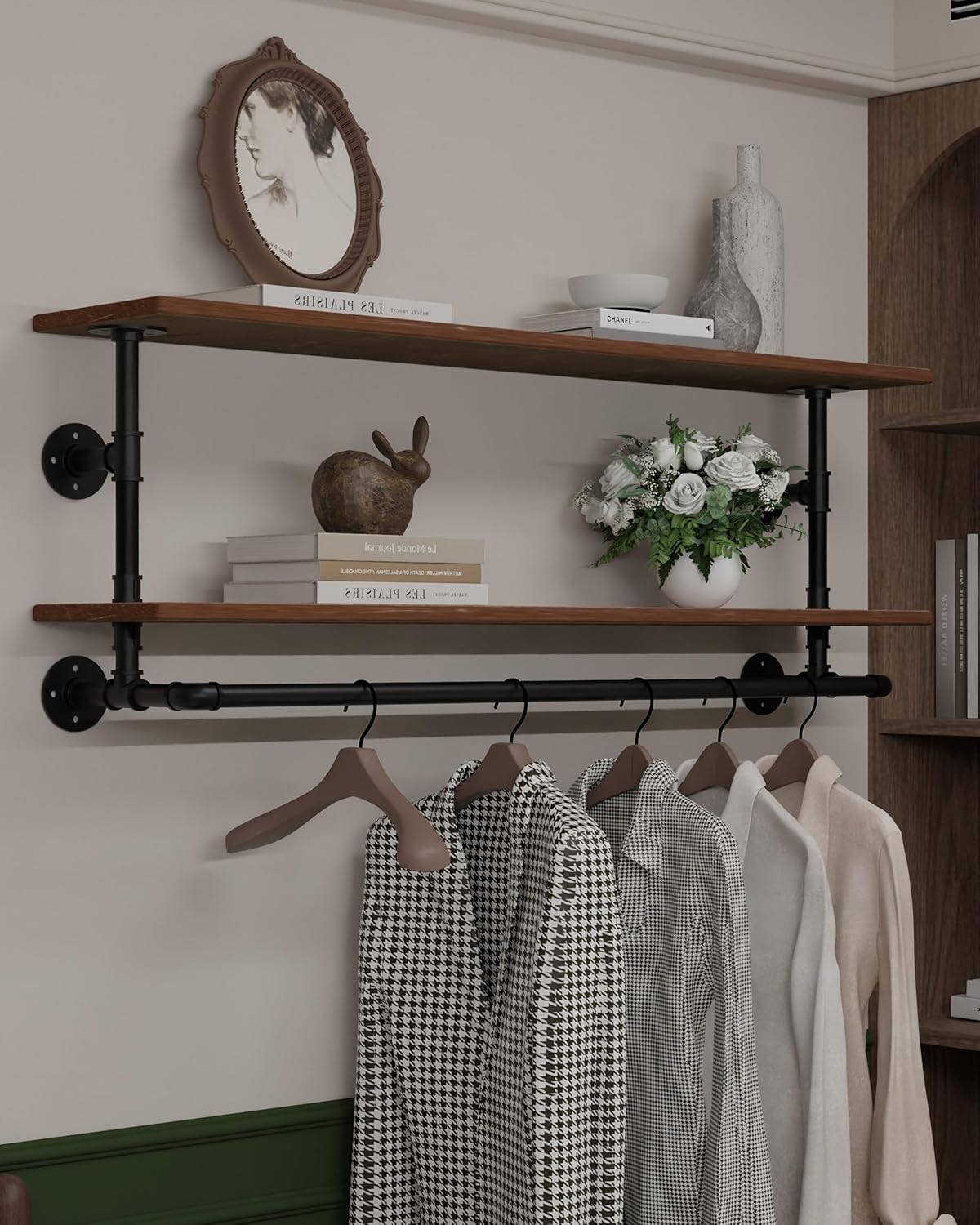 Clothes Rack 42in, 2 Tier Wall Mounted Garment Rack with Real Wood Shelf, Heavy Duty Hanging Clothes Rack, Multi-Purpose Hanging Rod, Space-Saving Closet Storage