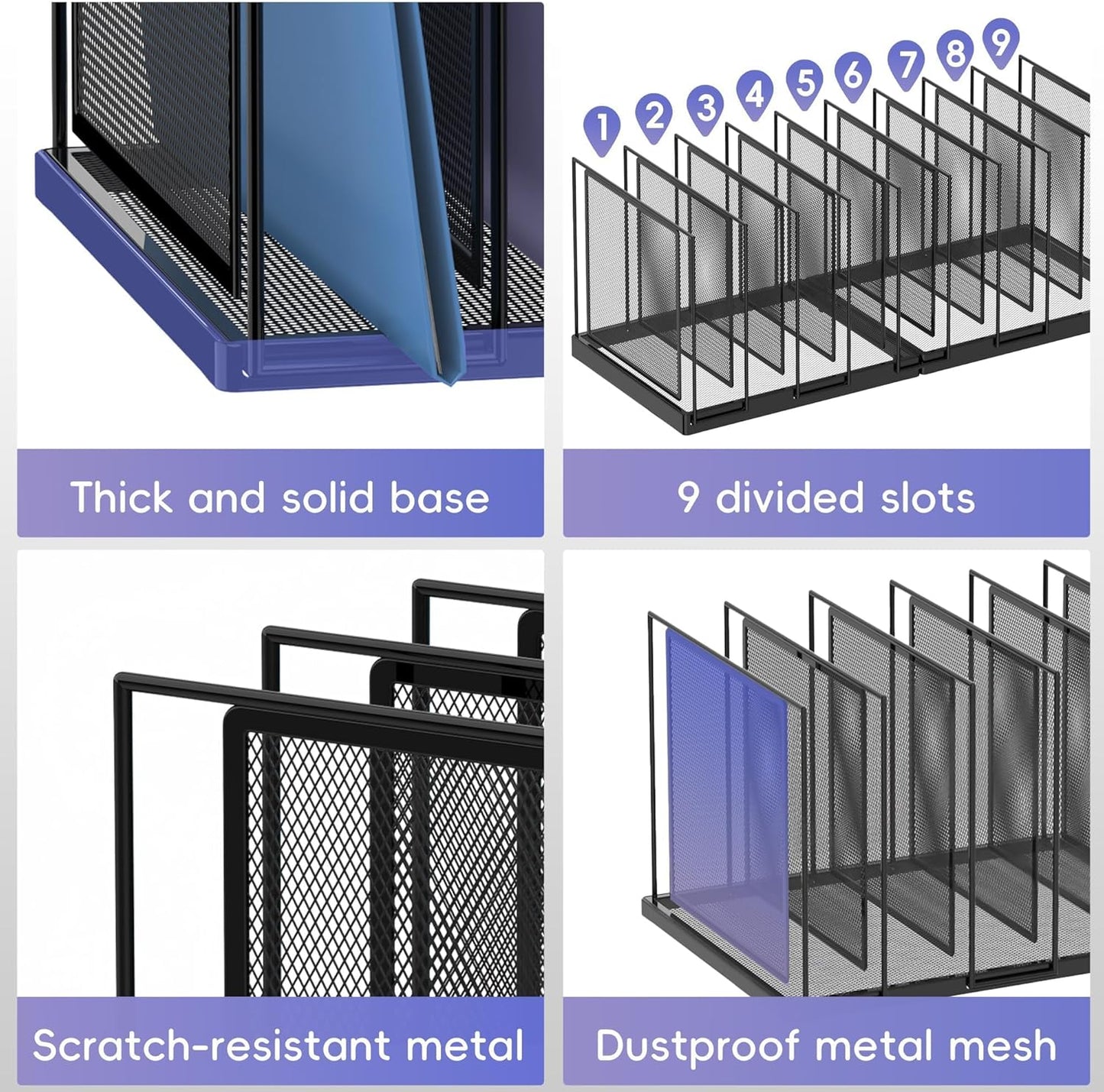 9-Section Desk File Organizer, Vertical File Holder, Mesh Desktop File Folder Metal File Binder Organizer Stand for Office Home Classroom, Black