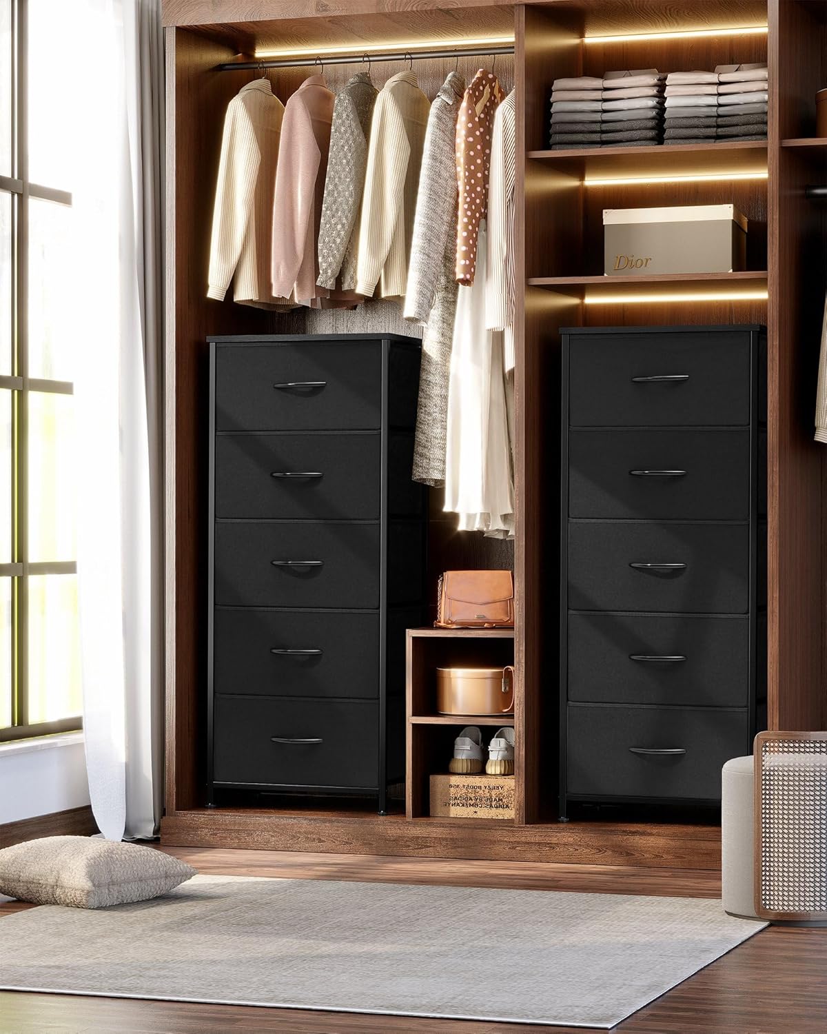 Crestlive Products Vertical Dresser Storage Tower - Sturdy Steel Frame, Wood Top, Easy Pull Fabric Bins - Organizer Unit for Bedroom, Hallway, Entryway, Closets - 5 Drawers(Black)