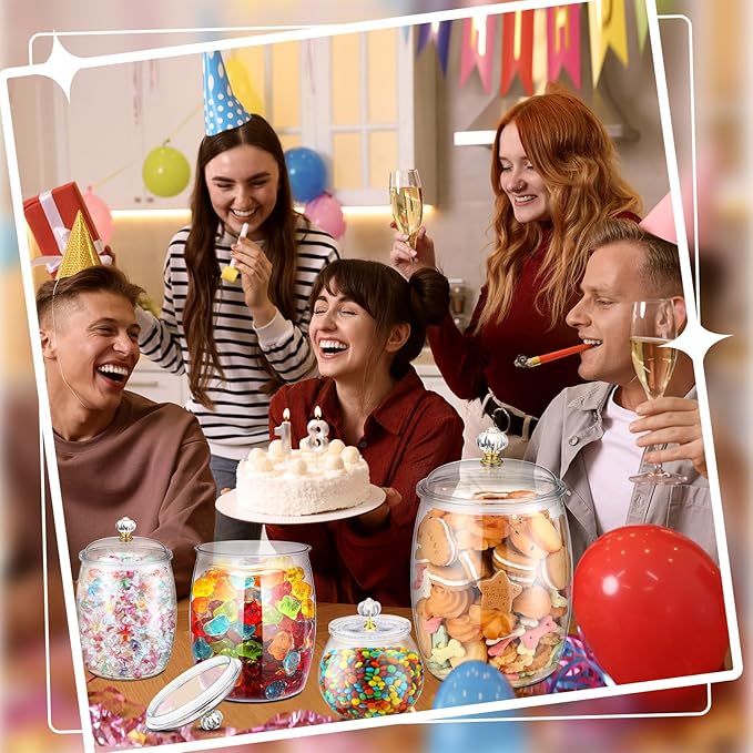 Nuogo 4 Pcs Plastic Candy and Cookie Jars with Lids Clear Cookie Container Candy Jars Large Airtight Apothecary Storage Organization for Wedding Home Kitchen Bar(30/42/64/128 oz)