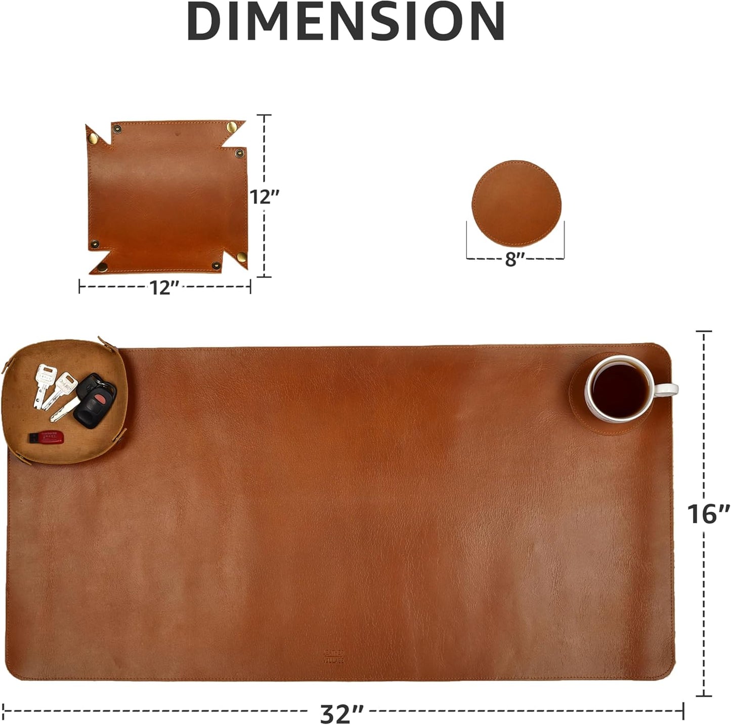 LEATHER VILLAGE -32X16 Real Leather Desk Mat for Desktop & Laptop, with Leather Tray & Tea Coaster, 3mm Thick Desk Cover-Protector-Blotter- Tan Color