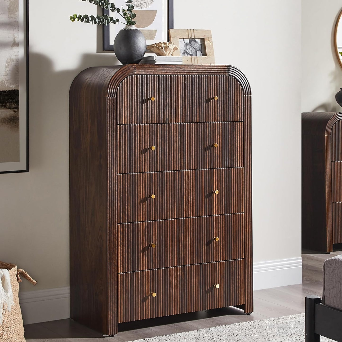 T4TREAM Fluted 5 Drawers Dresser, 48" Tall Modern Chest of Drawers with Thickened Curved Profile Design, Wood Closet Clothes Storage Organizer for Bedroom, Living Room, Hallway, Dark Walnut