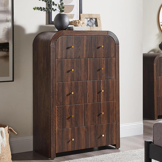 T4TREAM Fluted 5 Drawers Dresser, 48" Tall Modern Chest of Drawers with Thickened Curved Profile Design, Wood Closet Clothes Storage Organizer for Bedroom, Living Room, Hallway, Dark Walnut
