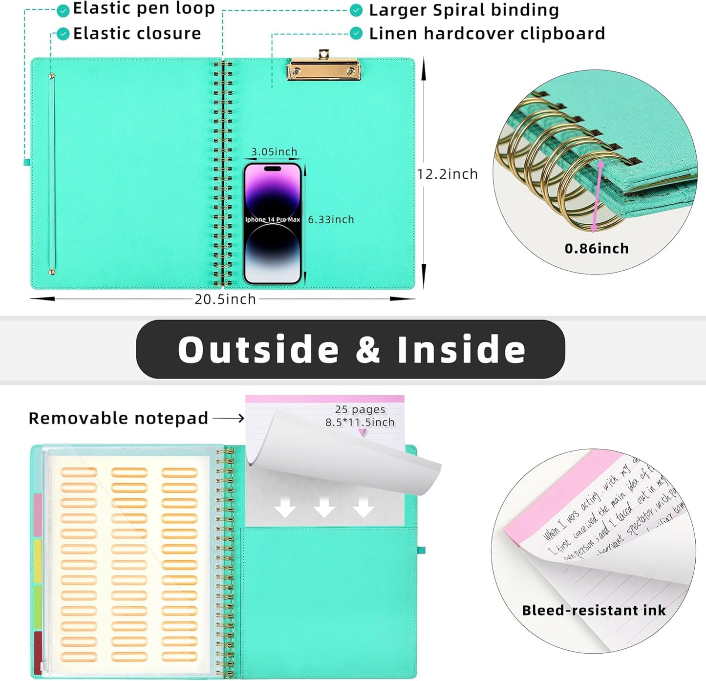 Ospelelf Foldable Spiral Clipboard Folio with Storage Zipper Pouch, 5 Plastic Folders with 10 Pockets,Refillable Lined Notepad (11" x 8.5"), Hardcover Project Organizer with 39 Stickers (Aqua)