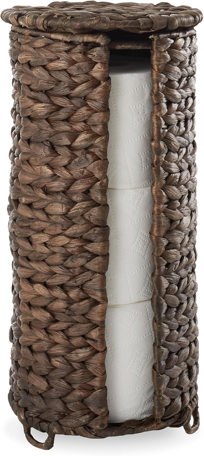 Casafield Free Standing Toilet Paper Storage Roll Holder with Lid - Espresso, Fits 3 Rolls, Water Hyacinth Bath Tissue Organizer for Bathroom