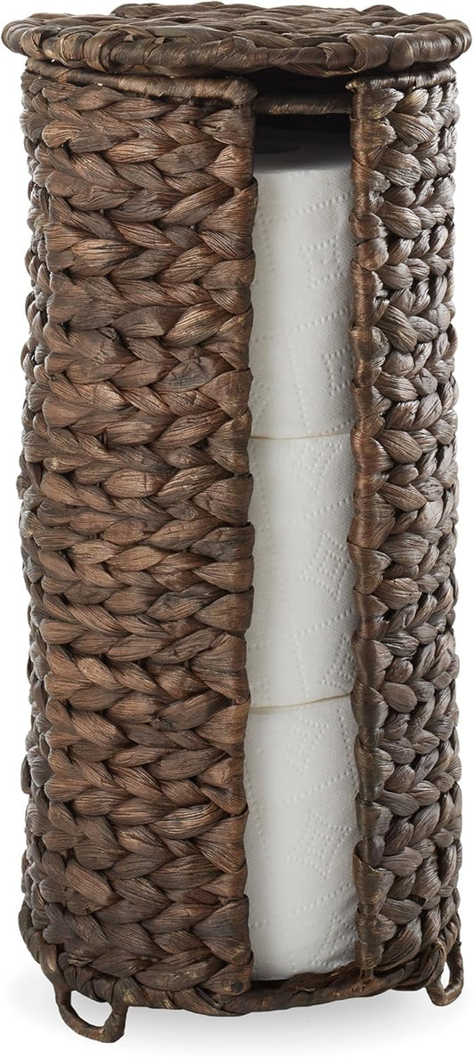 Casafield Free Standing Toilet Paper Storage Roll Holder with Lid - Espresso, Fits 3 Rolls, Water Hyacinth Bath Tissue Organizer for Bathroom