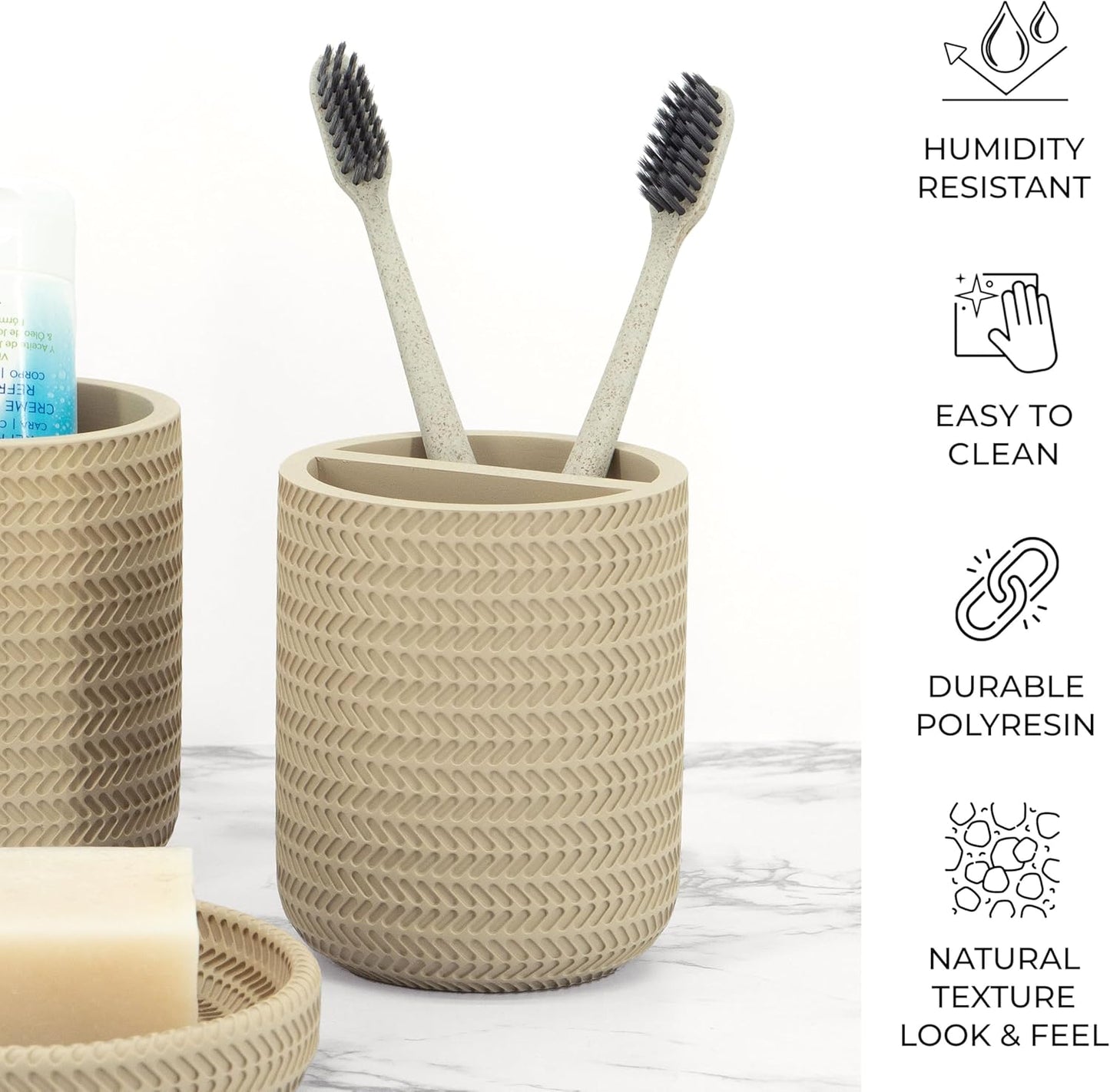 ZCCZ Beige Bathroom Accessories Set 4 Pcs - Toothbrush Holder, Soap Dispenser, Vanity Tray, Tumbler - Countertop Organizer for Bathroom Decor - Stylish and Functional Accessory Set for Home