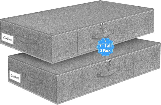 Under Bed Storage Container, 7" Tall Underbed Storage Bin with Rigid Sides & Bottom, Large Under-Bed Clothes Organizer with Zippered Lid for Bedroom, Dorm, Sofa, 30x15x6.7, Grey