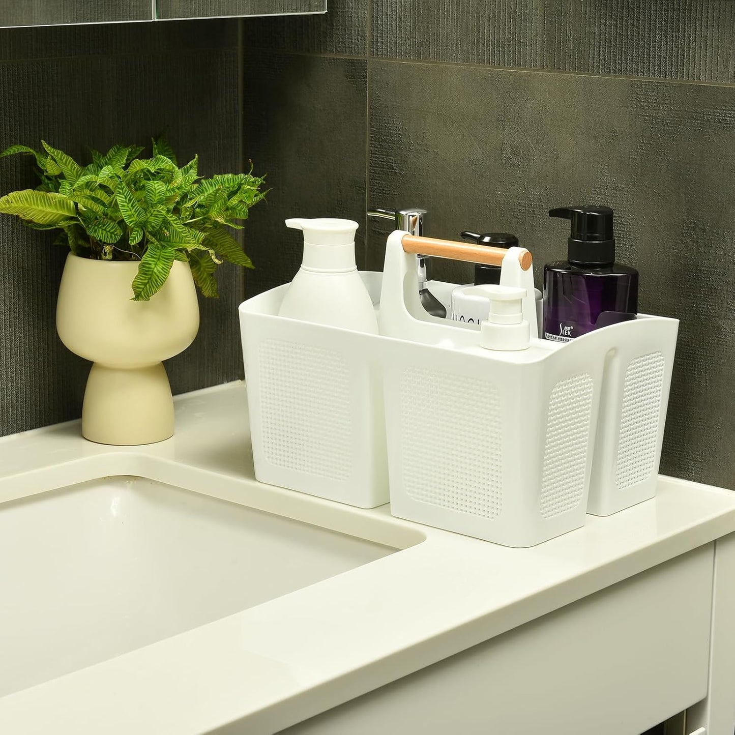 ALINK Portable Shower Caddy Basket with Compartments, Plastic Divided Cleaning Caddy Organizer Storage Tote with Handle for Bathroom, College, Dorm Room Essentials, White