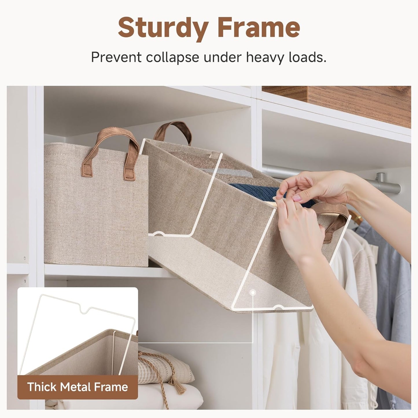 StorageWorks Storage Bins, Fabric Storage Bins for Shelves, Storage Baskets with Metal Frame, Closet Baskets and Bins with Handles, Brown and Beige, 2-Pack