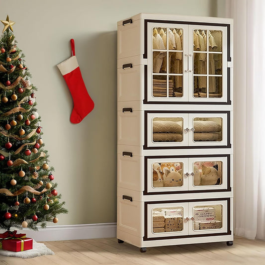 SunSettler Collapsible Storage Bins with Lids, Folding Storage Cabinets with Doors, Stackable Organizers Cabinets, Closet Organizers and Storage for Home, Dorm (3+1 Transparent Plus)