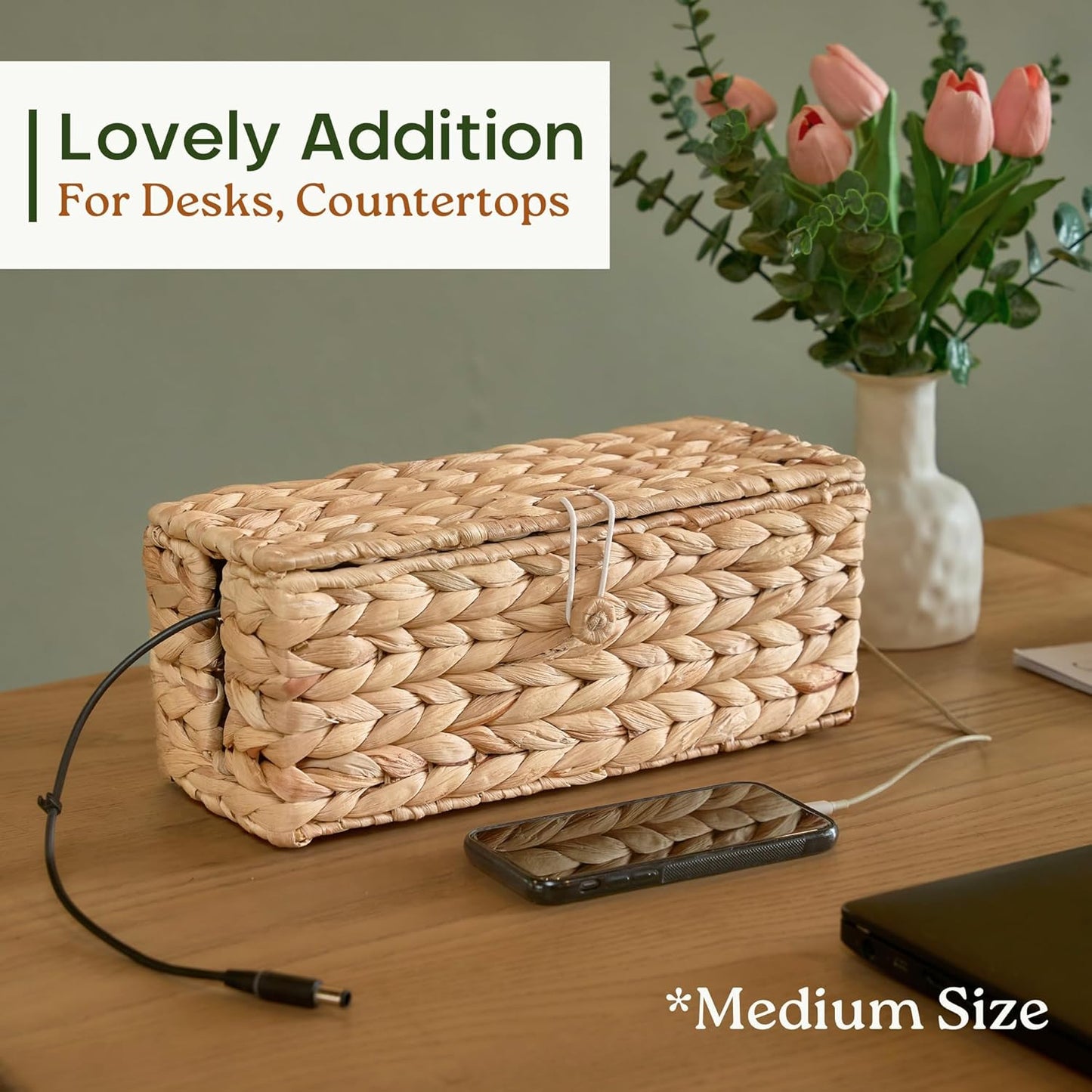 2-Pack Wicker Cable Management Box, Handmade Water Hyacinth Cable Organizer with Lid, Cord Hider Basket with 2 Slots for TV Wires, Power Strips, Surge Protector