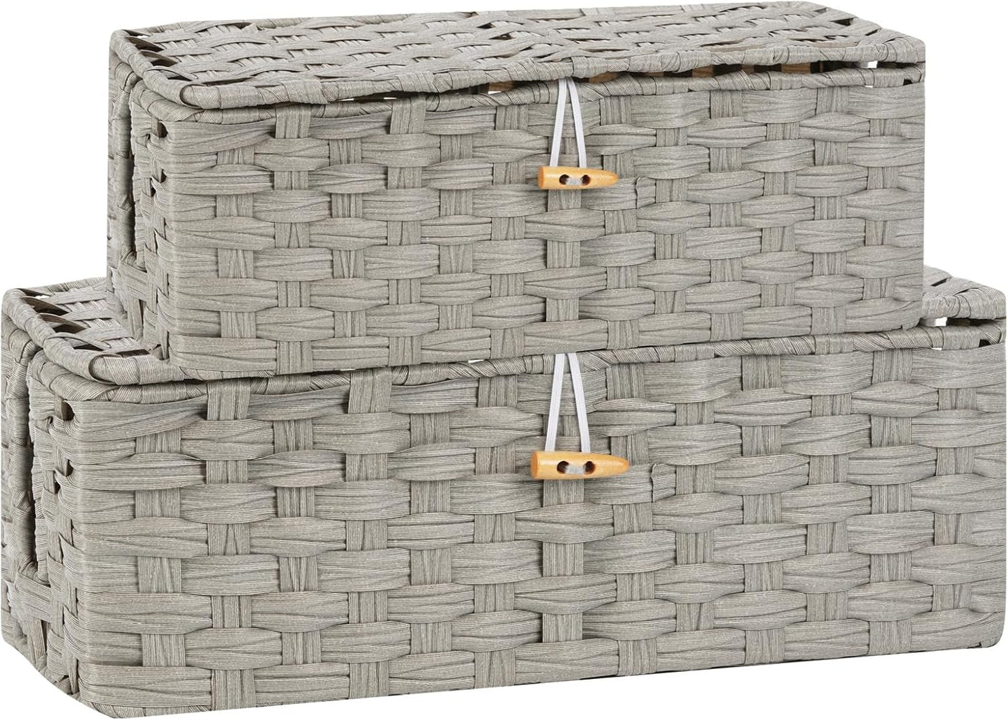 Temary Cable Management Box with Lids, 2-Pack Handmade Cable Organizer Boxes for Home, Office to Hide Cords and Power Strip, Cord Cover Floor Hider Set Woven Rattan Cable Organizer Box (Grey)
