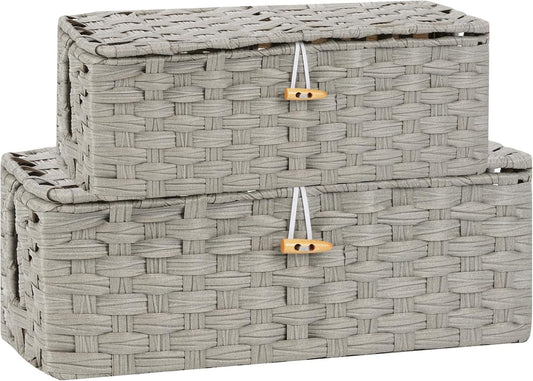 Temary Cable Management Box with Lids, 2-Pack Handmade Cable Organizer Boxes for Home, Office to Hide Cords and Power Strip, Cord Cover Floor Hider Set Woven Rattan Cable Organizer Box (Grey)