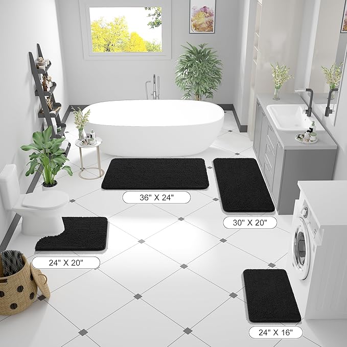 OLANLY Bathroom Rugs 45x27, Extra Soft Absorbent Chenille Bath Rugs, Rubber Backing Quick Dry, Machine Washable Bath Mats for Bathroom Floor, Tub and Shower, Home Decor Accessories, Black