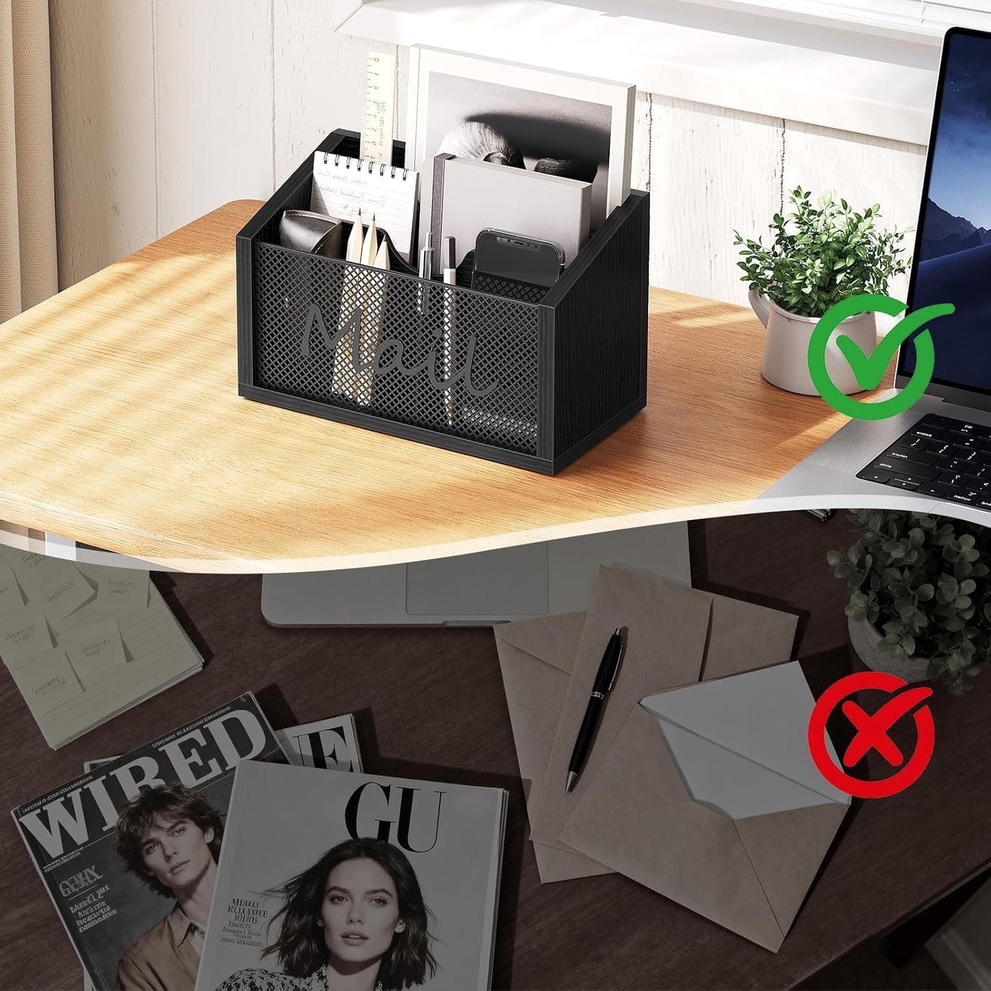 Mail Organizer Countertop, Mail Holder with 3 Slots, Mail Sorter for Desk, Wooden Office Desk Organizer, Mail Organizer for Magazines, Files, Papers, Folders, Black MR03BB