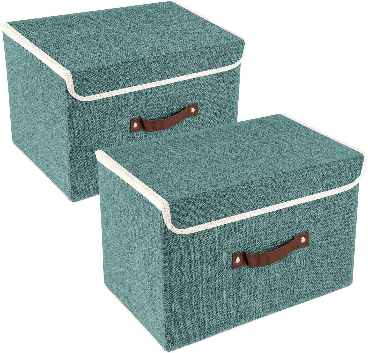 TYEERS Collapsible Storage Boxes, Washable Fabric Storage Bins with Lids, 14.9x9.8x9.8 inches, 2 Pack, Aqua Deep