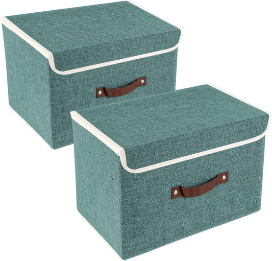 TYEERS Collapsible Storage Boxes, Washable Fabric Storage Bins with Lids, 14.9x9.8x9.8 inches, 2 Pack, Aqua Deep