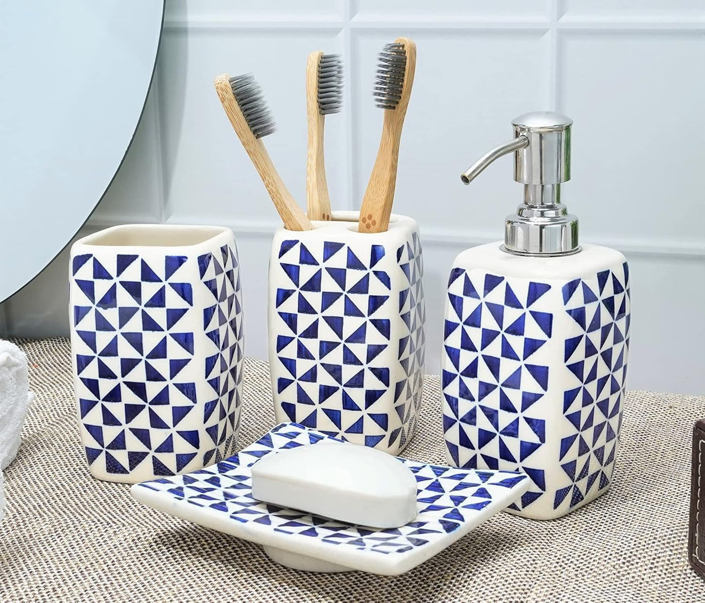 Crocon Handmade Ceramic Bathroom Accessories Set of 4 Soap Dispenser Toothbrush Stand Soap Dish/Tray Tumbler Home Decoration Bathroom Countertop Vanity Organizer Complete Bath Luxury Accessory