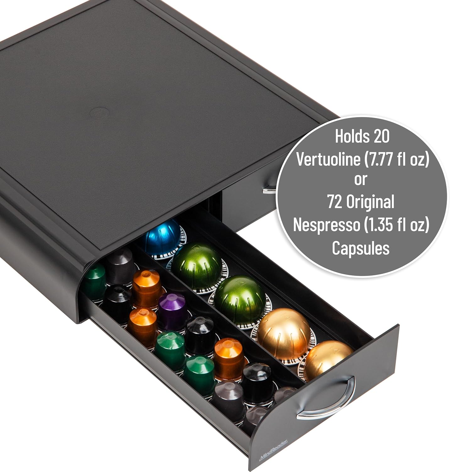 Mind Reader Single Serve Coffee Pod Organizer with 2 Drawers, Compatible with 18 Vertuoline (7.77 fl oz) or 72 Original Nespresso (1.35 fl oz) capsules, Plastic, 13.25"L x 12.75"W x 2.5"H, Black