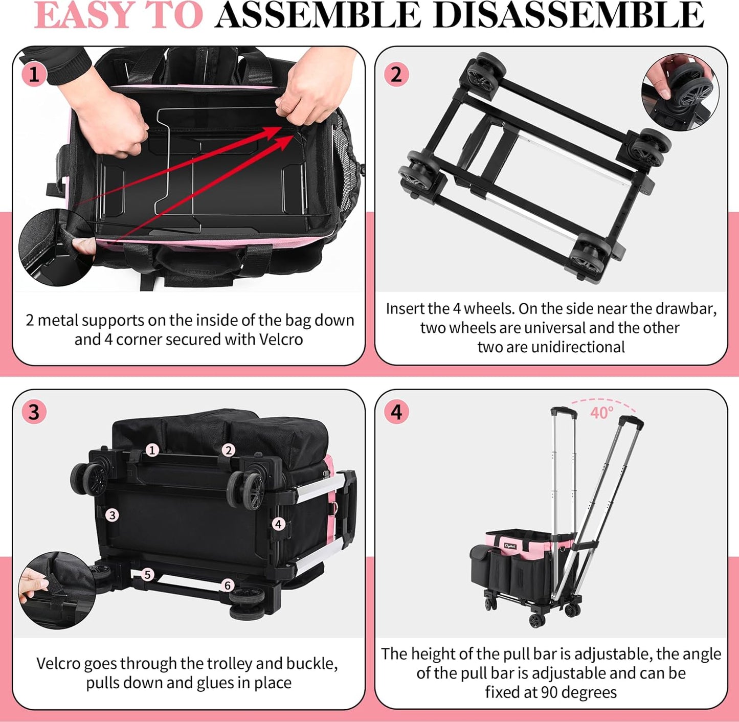 Rolling Cleaning Caddy, Cleaning Supplies Organizer with Trolley, Wearable Cleaning Tote Bag on Wheels with Hard Bottom, Cleaning Carts for Housekeepers/Home/Car/Office/Picnic (Pink)