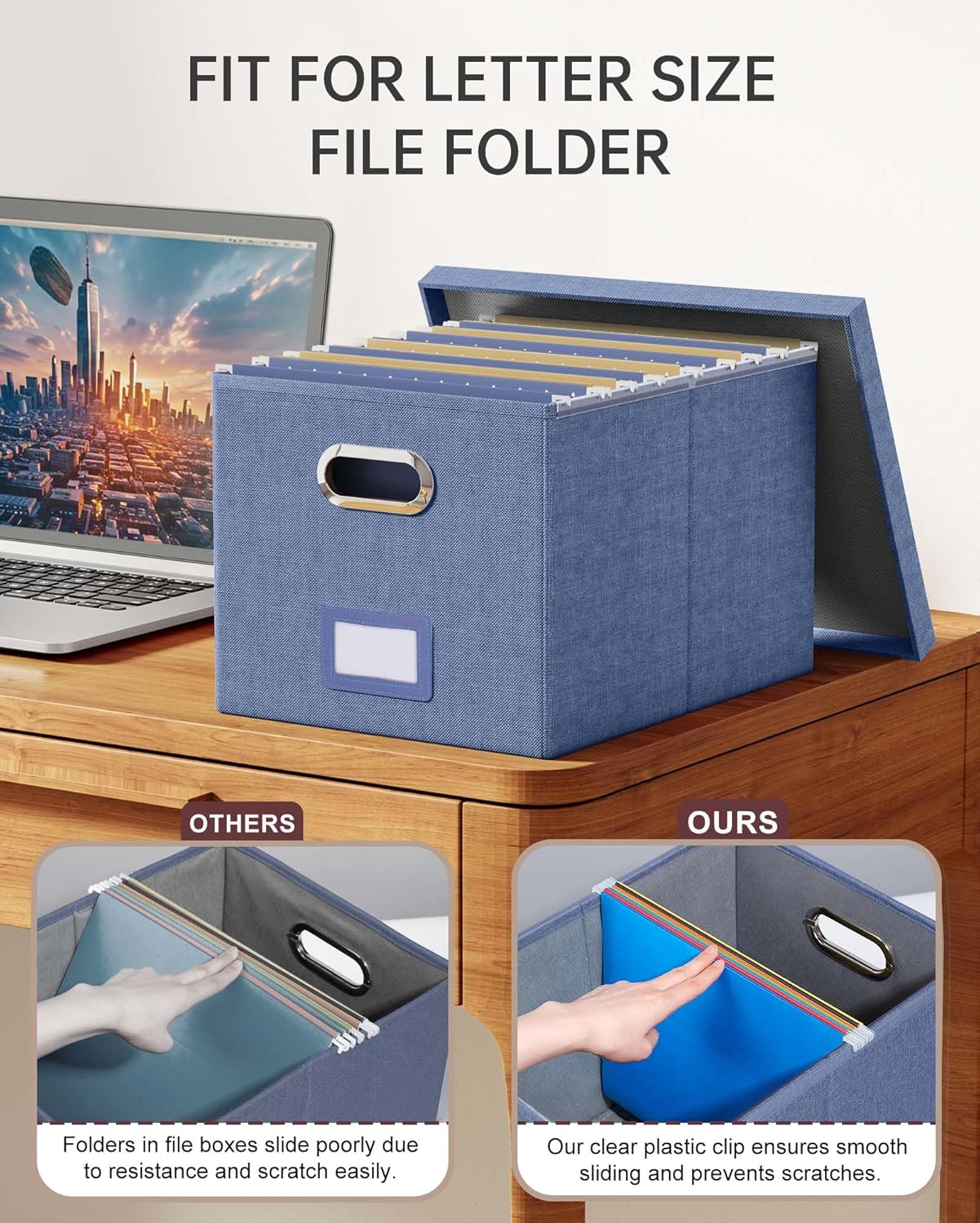 Oterri File Organizer with Lid, File Box, File Cabinet for Letter File Folder Storage, Hanging File Organizer for Office/Decor/Home,Document Organizer, 1 Pack,Blue-Box Only