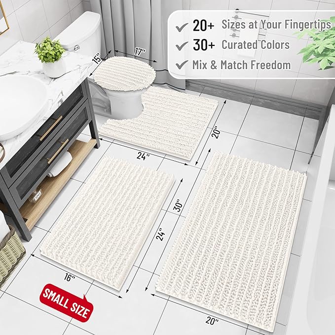 Arotive Luxury Chenille Bathroom Rug Mat, Extra Soft Thick Absorbent Shaggy Bath Rugs, Non-Slip Machine Wash Dry, Plush Bath Mats for Bathroom, Shower and Tub, 47x24, Ivory