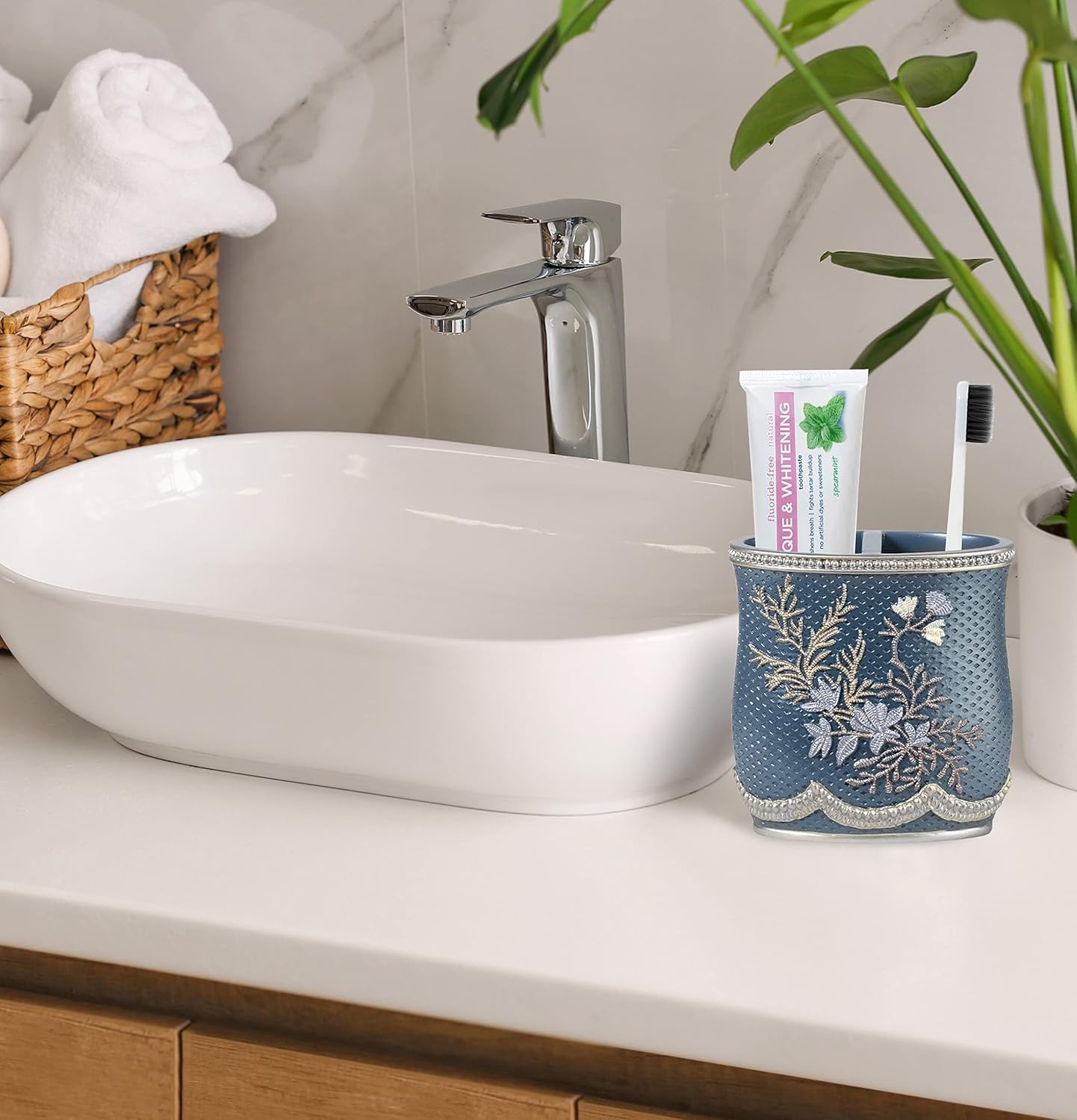 Zahari Home 4pc Capri Bathroom Accessories Sets Modern Classic Soap Dispenser, Tumbler, Tooth Brush Holder and Soap Dish Holder Unique Design Royal Blue Bathroom Set