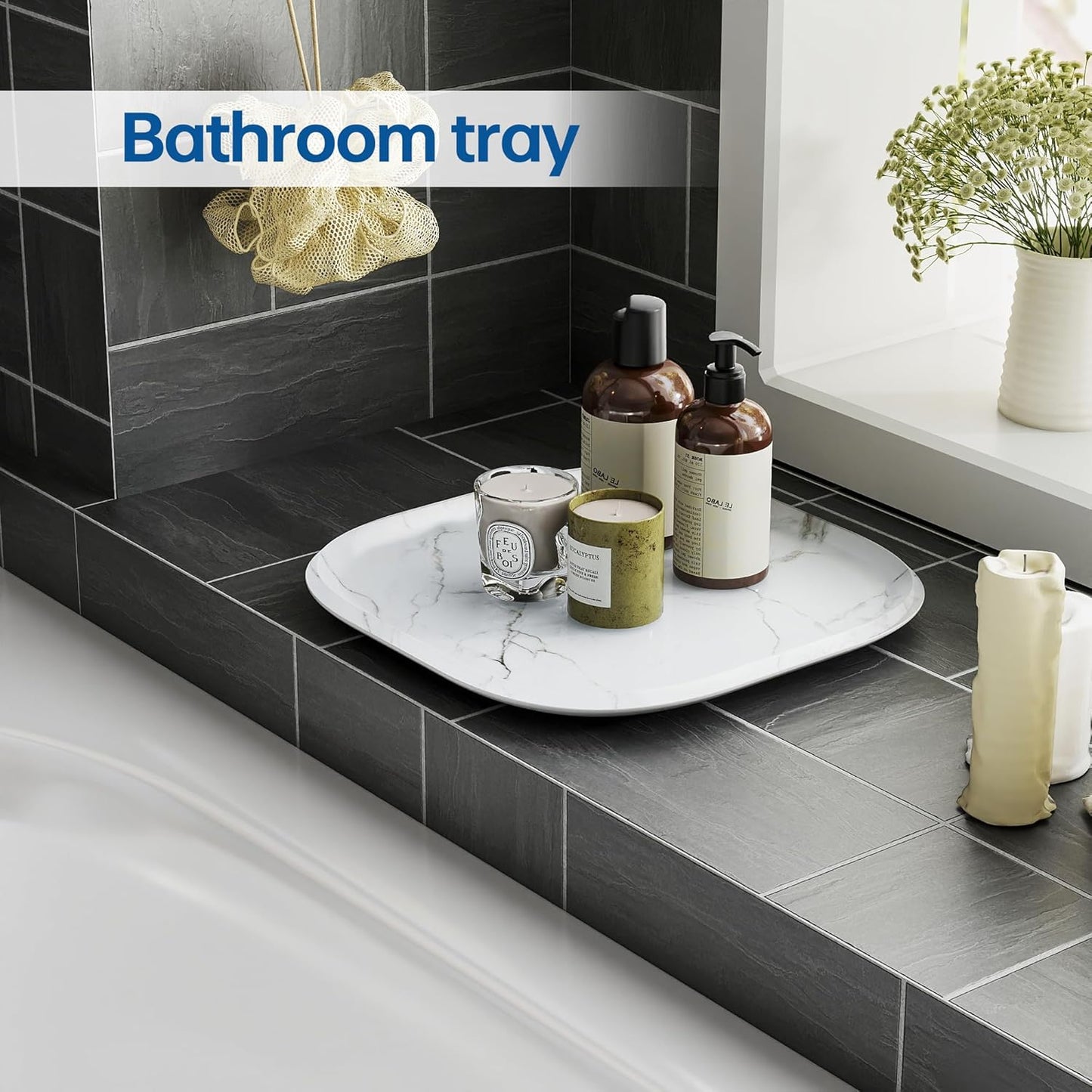 Vanity Decorative Glass Tray,12" x 12" White Marble Pattern Perfume Tray, Bathroom Tray Countertop Organizer for Soap Towel, Jewelry, Candle